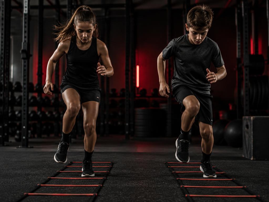 Two young athletes doing agility ladder drills