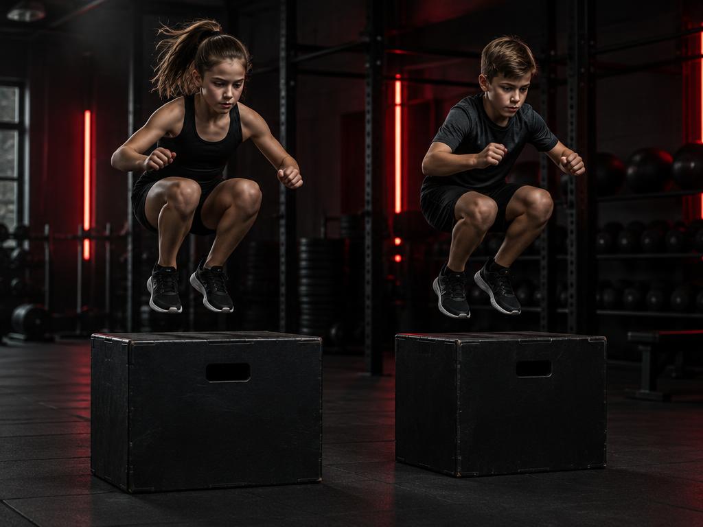 Two young athletes doing box jumps