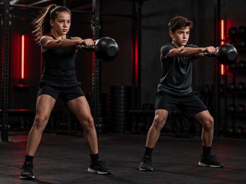 Two young athletes doing kettlebell swings